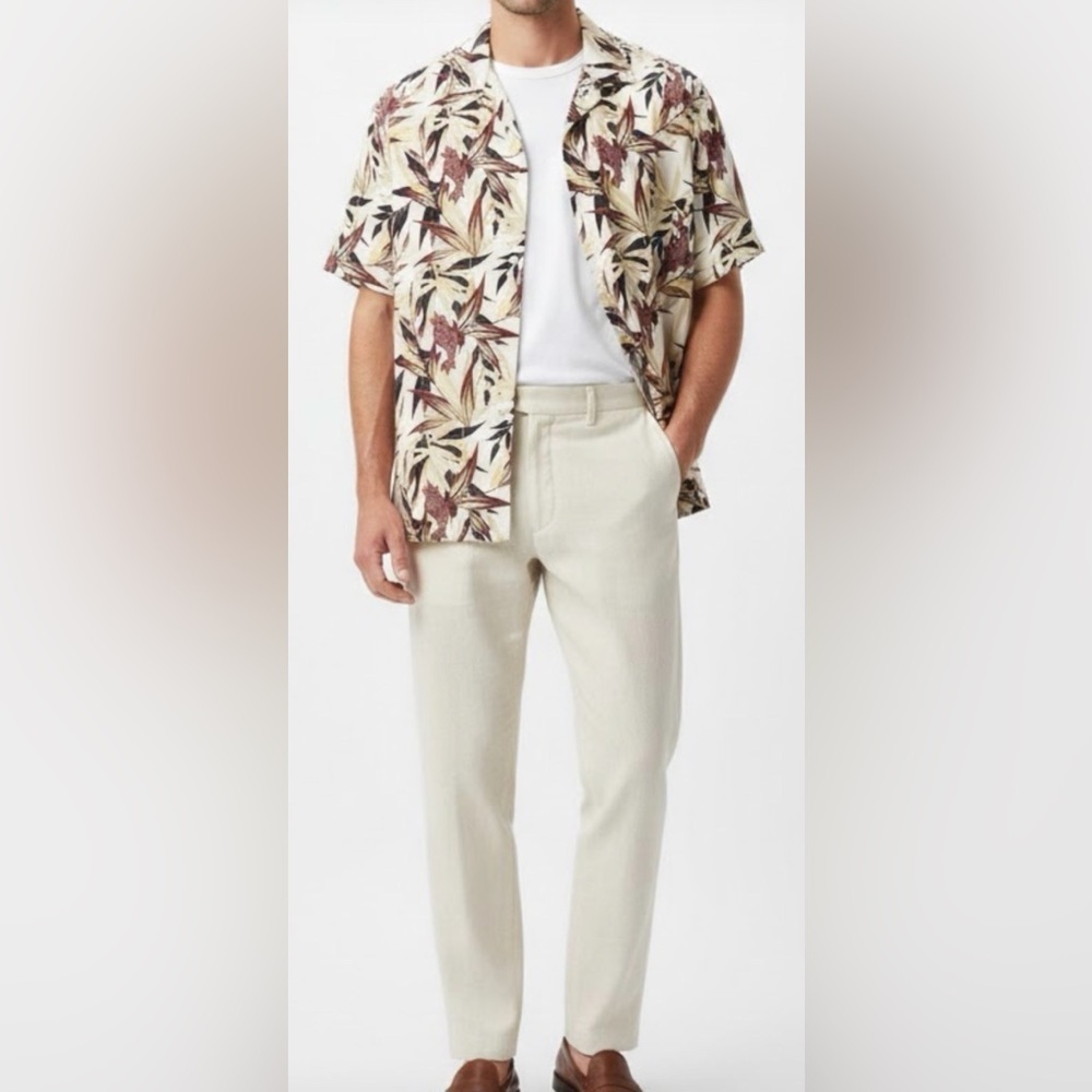 SHIRT JOHN HENRY Cream and Brown Casual Button Down Shirt with Tropical Print